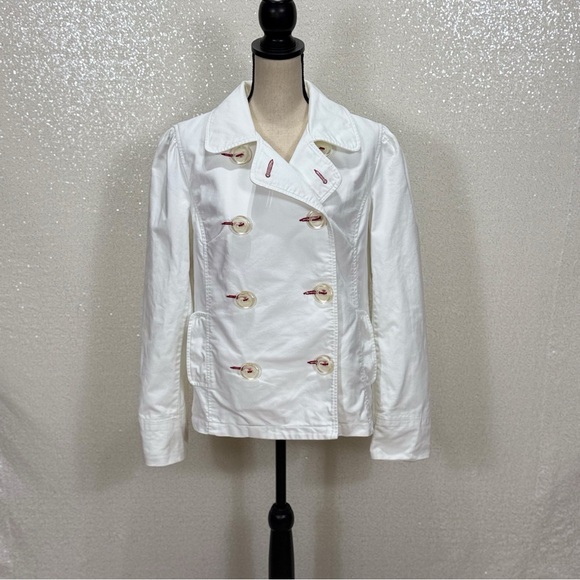 Old Navy White Double-Breasted Cotton Jacket with Red Stitching – Size Large - Picture 9 of 13